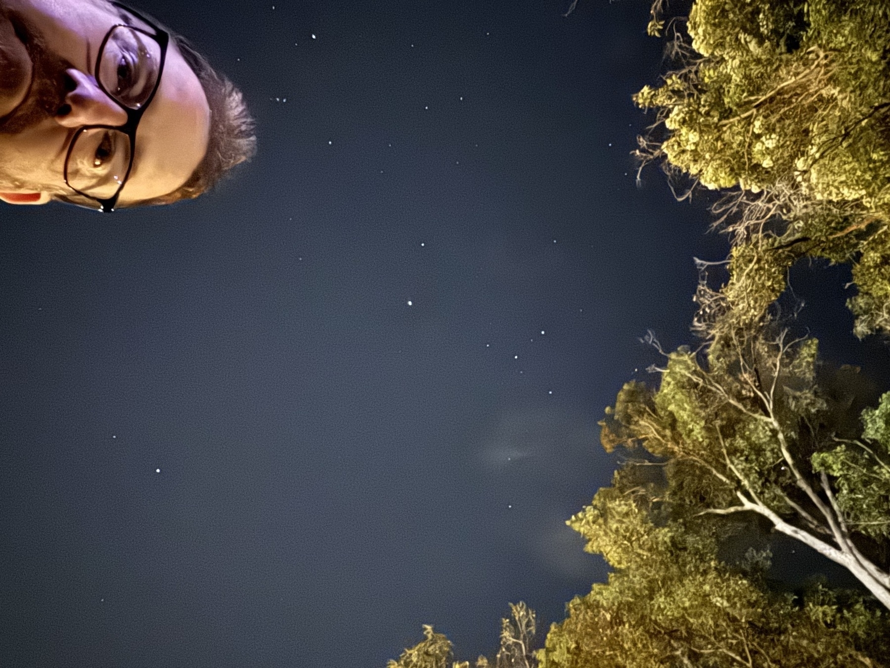 Andrew before a night sky and trees.
